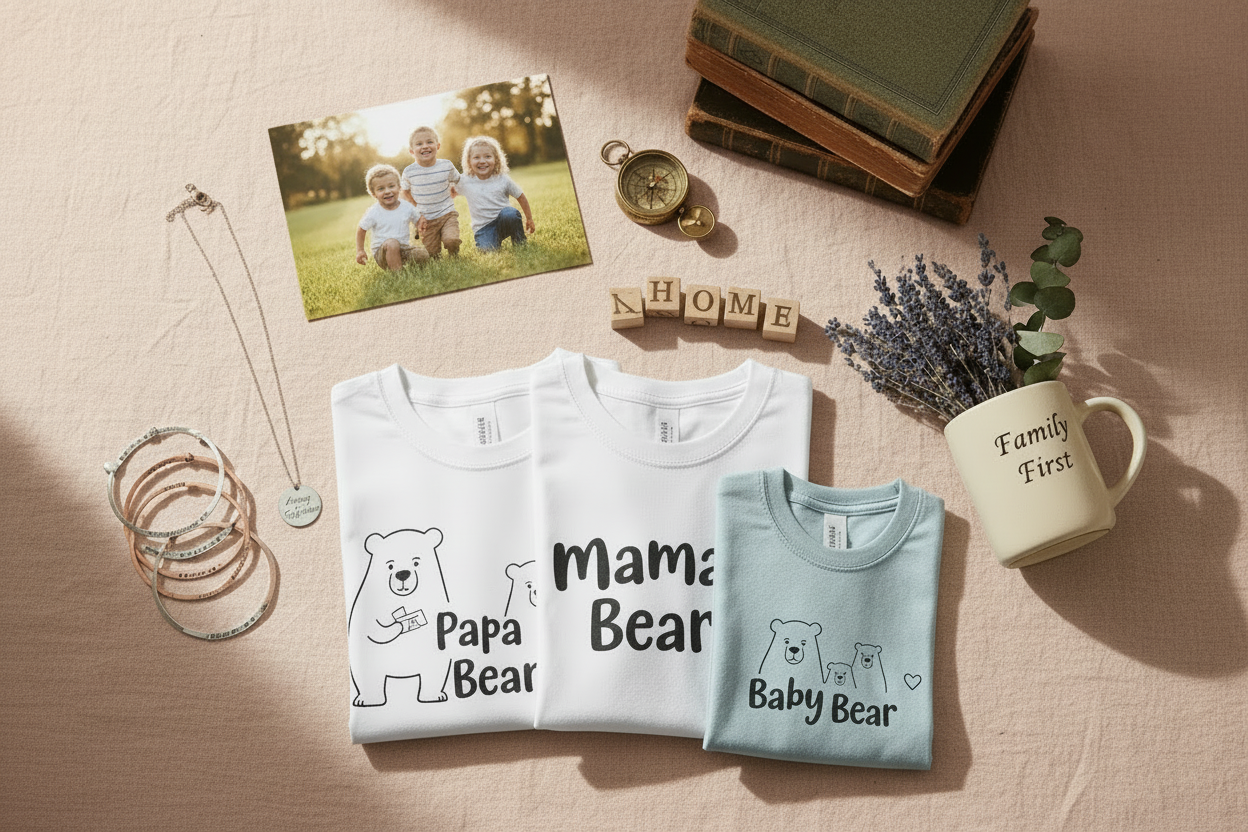 A warm, cozy flat-lay or styled lifestyle scene featuring family-themed t-shirts, engraved jewelry, and meaningful accessories arranged thoughtfully on a soft, neutral background.