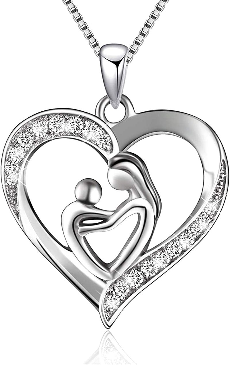 BLuv™ Mother Child S925 Sterling Silver Love Heart, Diamond Accent Stone Necklace