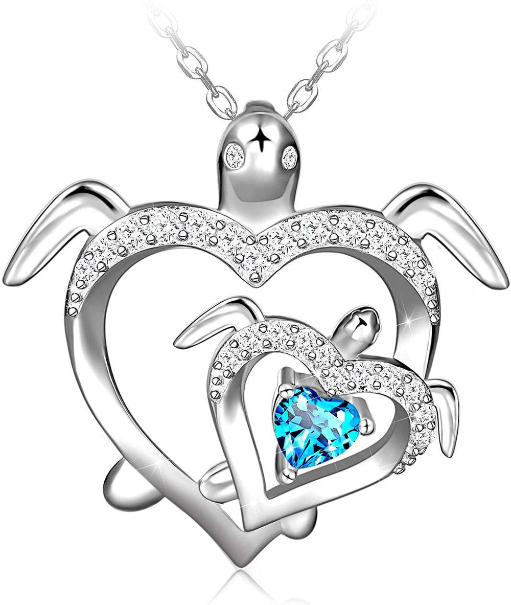 DSLuv™ S925 Sterling Silver TURTLE Mother & Daughter Cubic Zirconia Heart Necklace Mother Daughter Necklace DSLuv™ 