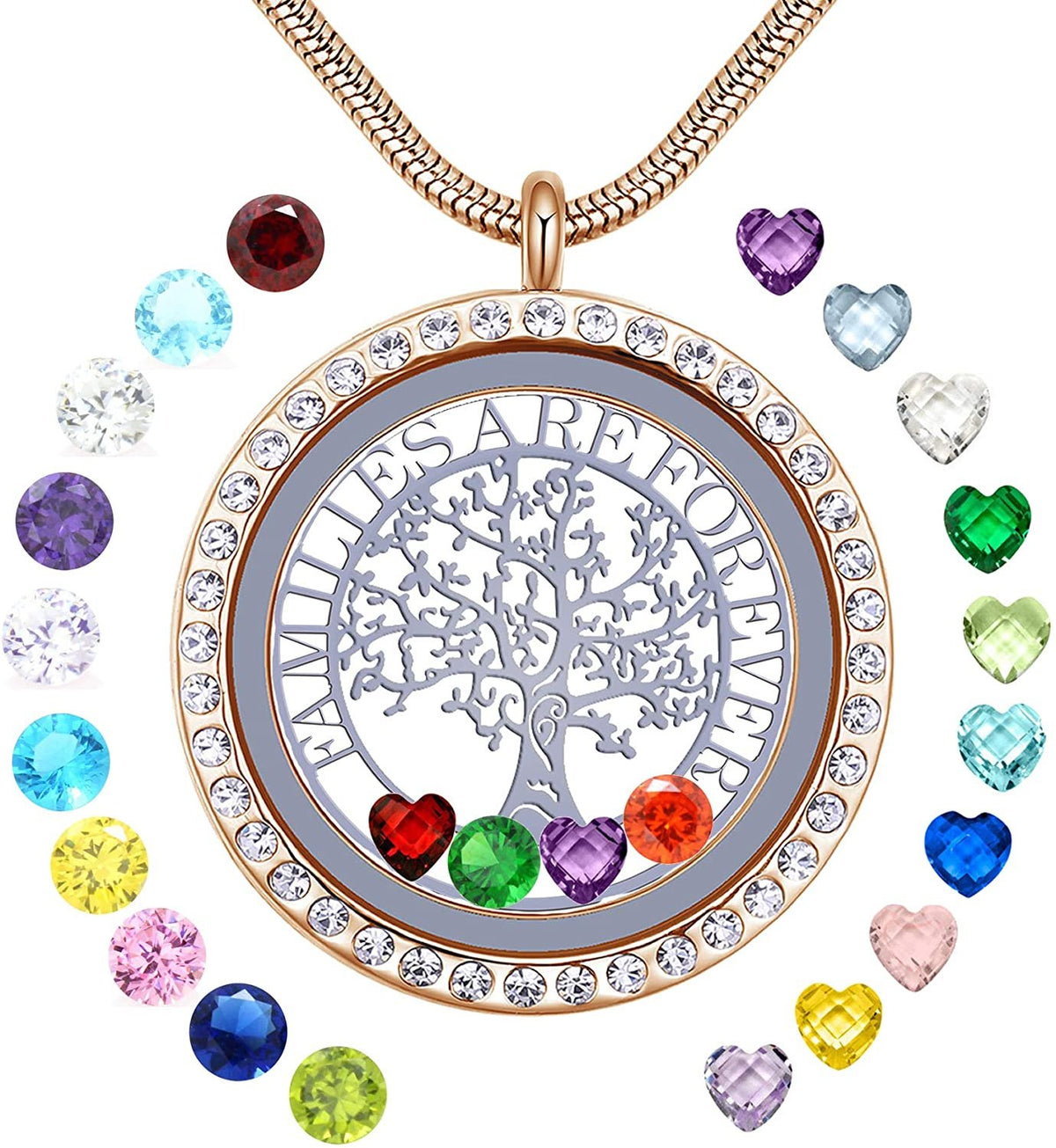 GKLuv™ Family Tree Floating Locket Neckace, 18K Gold Plated, 'Families Forever' Quote, 24 Birthstones iluvfamily 