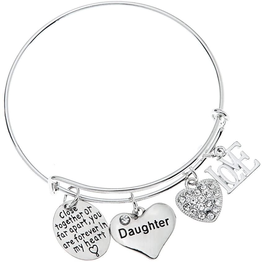 InfinityLuv™ Silver Daughter "Never Far Apart" Quote Charms Bangle daughter bracelet InfinityLuv™ 