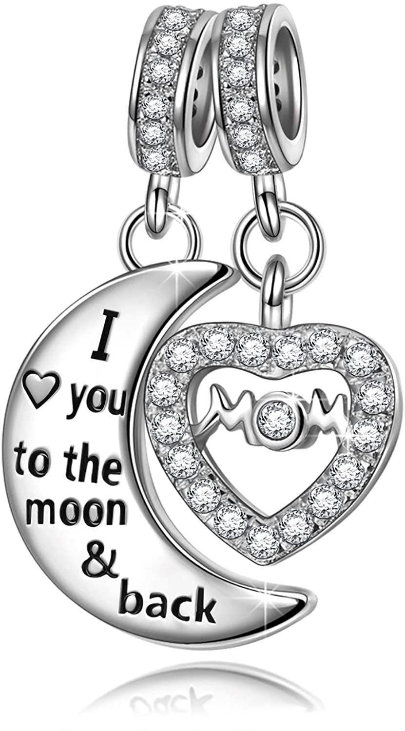 QueenLuv™ S925 Sterling Silver MOM "Love You to Moon" Cubic Zirconia Heart Pendant Charms mother charm QueenLuv™ 